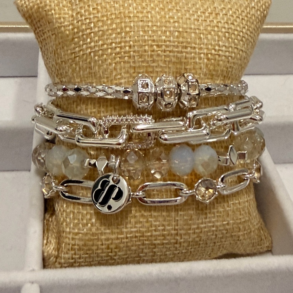 BOMB PARTY!! Silver-Tone Beaded & Chain Bracelet Stack with Champagne Beads - Picture 3 of 10